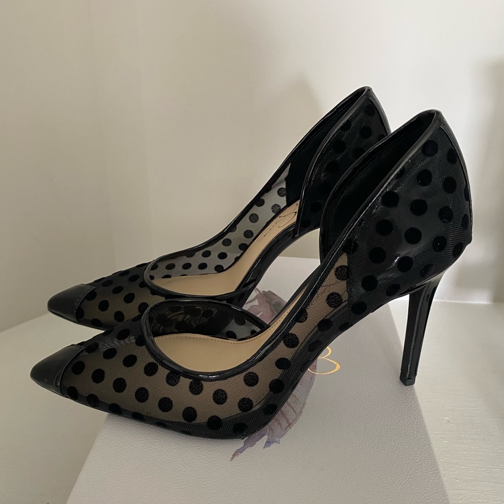 Chic Black Mesh Polka Dot Heels - Picture 3 of 4